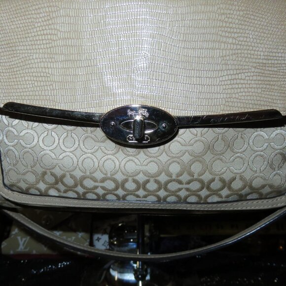 COACH Madison Op Art Fabric & Snakeskin Leather Turn Lock Flap Hobo Crossbody - Picture 4 of 16